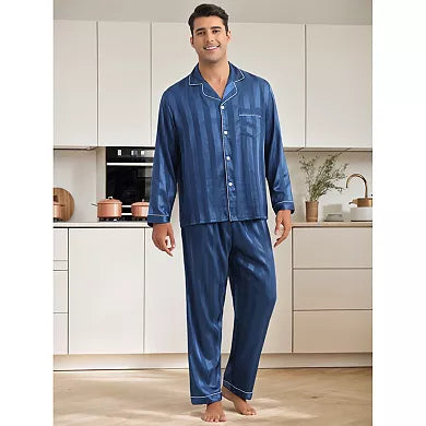 Men's 2 Pieces Satin Long Sleeve Striped Button Down Casual Pajamas Set