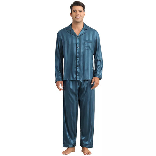 Men's 2 Pieces Satin Long Sleeve Striped Button Down Casual Pajamas Set
